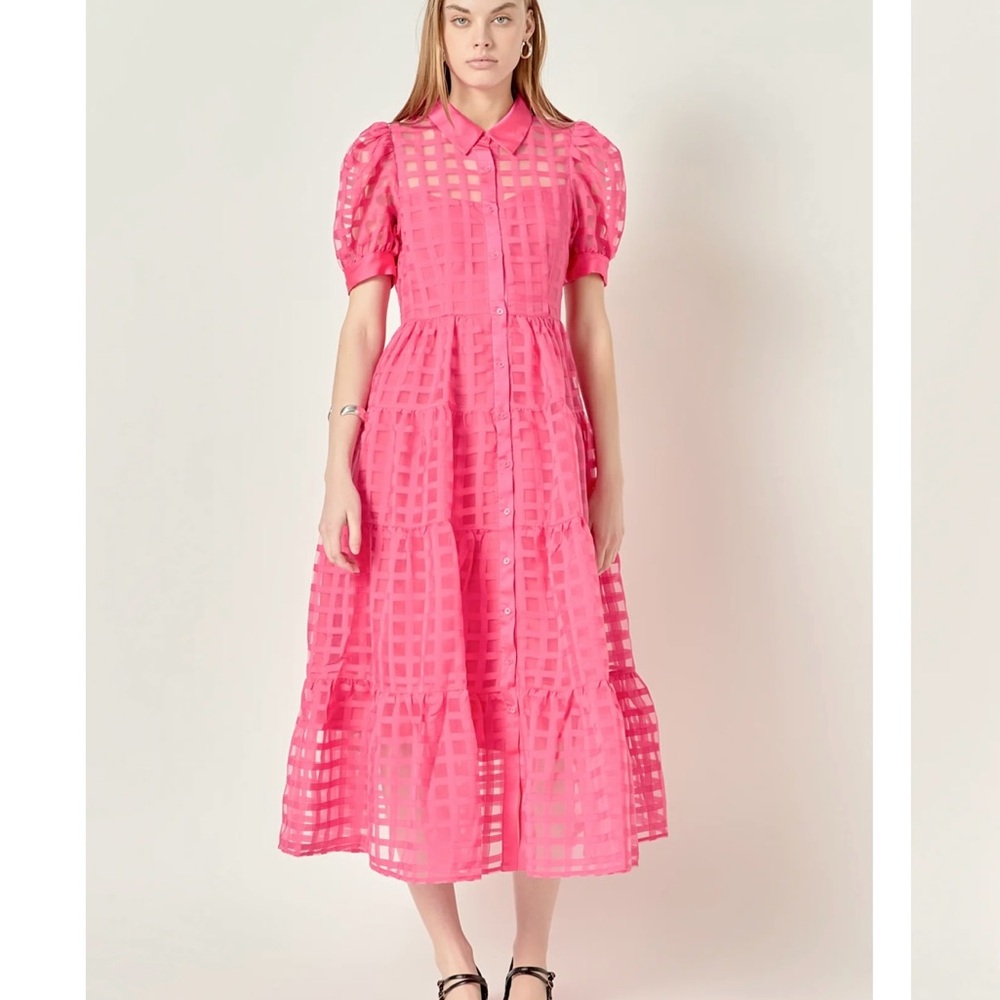 GRIDDED ORGANZA TIERED MAXI DRESS